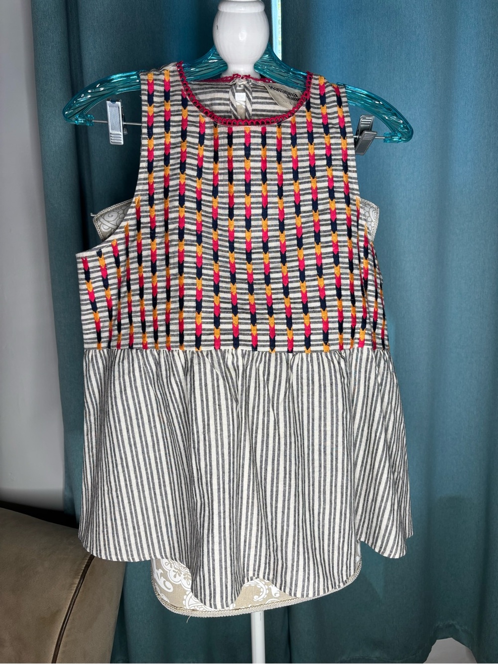 Savanna Jane Pink Navy Orange Striped Embroidered Top L